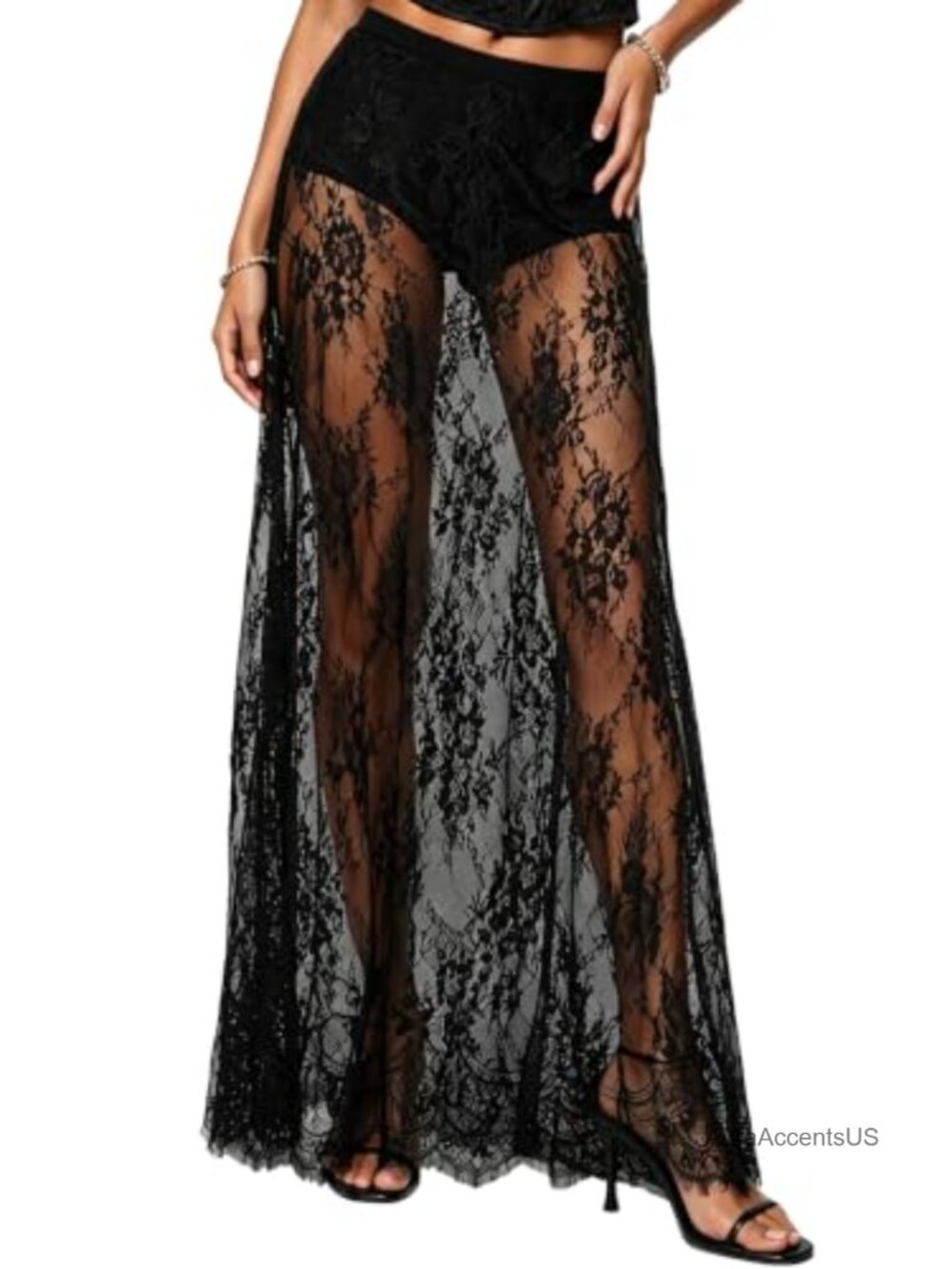 Sheer Lace Maxi Skirt See Through High Rise Stretch Waist Beach Cover Up
